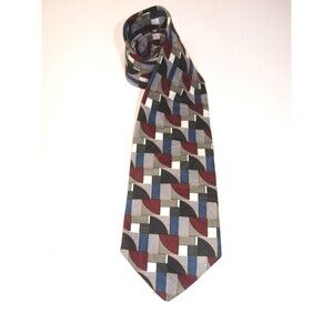 Manhattan Geometric Necktie Red Black Gray Pattern Made in USA 4" x 58" Vintage